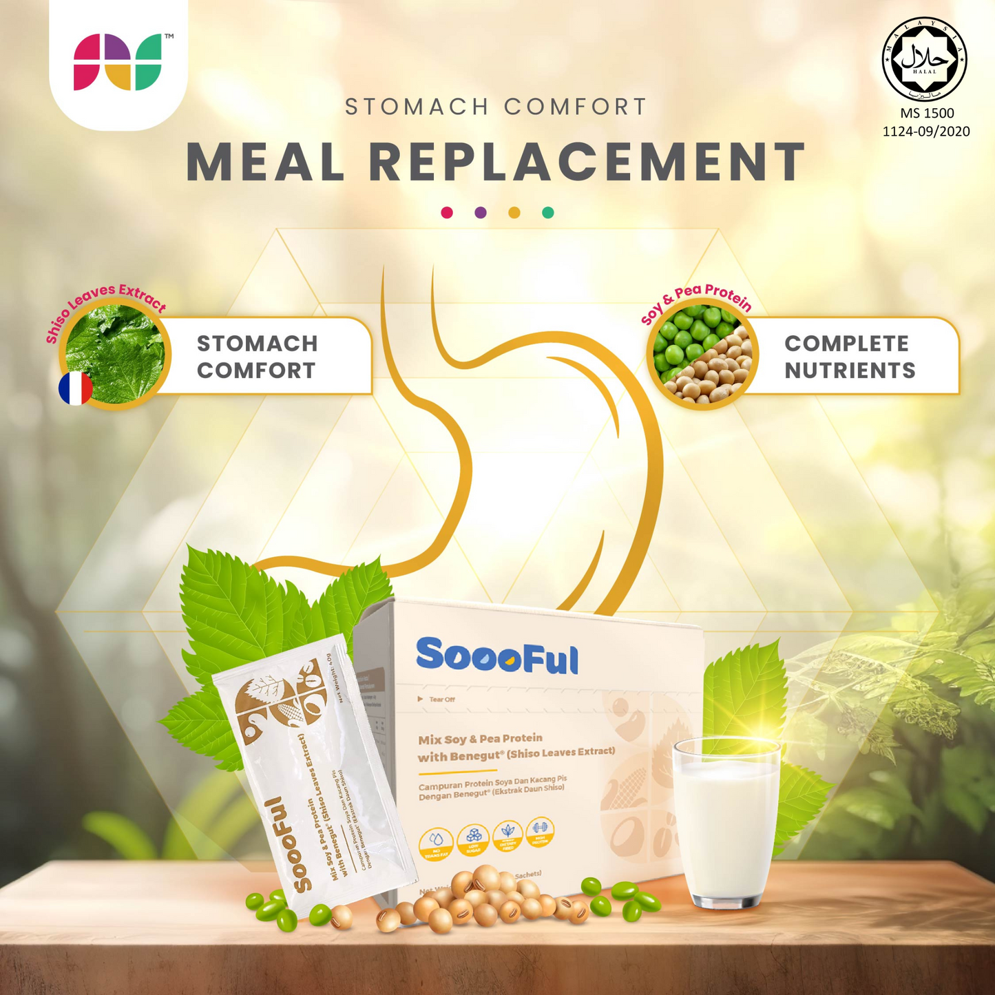 SoooFul Stomach Comfort Meal Replacement: Mix Soy & Pea Protein with Benegut® (15's)